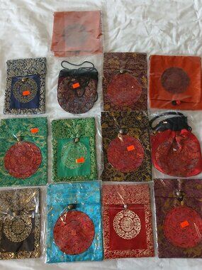 Traditional Brocade Chinese Gift Purses with Long Strap or Draw String - 12 Qty
